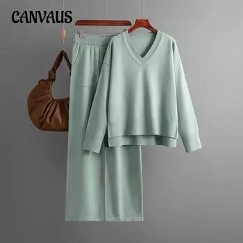 Осенне-зимний женский свитер, модный свободный повседневный свитер с длинными рукавами, брюки, комплект из двух предметов One Size фиолетовый