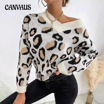 Осенне-зимний женский свитер, модный вязаный пуловер с длинным рукавом и леопардовым принтом, свитер