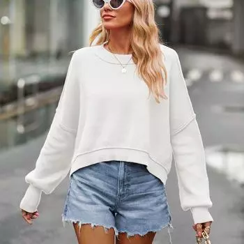 Осенне-зимний женский свитер, модный вязаный свитер с круглым вырезом, однотонный свободный пуловер, свитер с длинными рукавами S чёрный