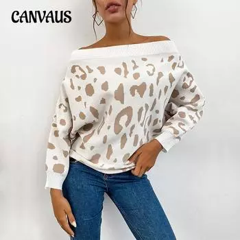 Осенне-зимний женский свитер, модный вязаный свитер на одно плечо без бретелек с длинным рукавом и леопардовым принтом S абрикосовый