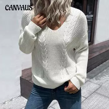 Осенне-зимний женский свитер Модный женский белый свитер с длинным рукавом и v-образным вырезом S белый