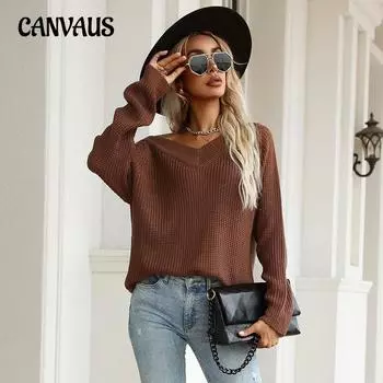 Осенне-зимний женский свитер, модный женский однотонный свитер с длинным рукавом и v-образным вырезом, женская свободная одежда S темно-коричневого