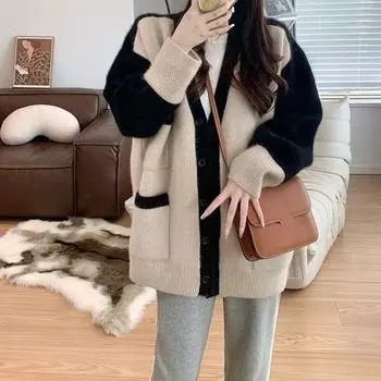 Осенне-зимний женский свитер, мягкий маленький парфюмерный свободный свитер для ленивого ветра, трикотаж с цветными блоками, кардиган с длинными рукавами One Size белый