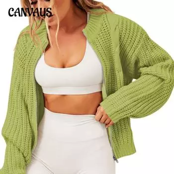 Осенне-зимний женский свитер на молнии с круглым вырезом, свободный вязаный кардиган, свитер с длинными рукавами, топ S зелёный