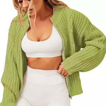 Осенне-зимний женский свитер на молнии с круглым вырезом, свободный вязаный кардиган, свитер с длинными рукавами, топ S зелёный