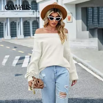 Осенне-зимний женский свитер на одно плечо, однотонный трикотаж, свободный свитер большого размера S чёрный