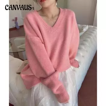 Осенне-зимний женский свитер, нежный, мягкий, однотонный, свободный пуловер с v-образным вырезом, свитер с длинными рукавами для ленивого ветра One Size розовый