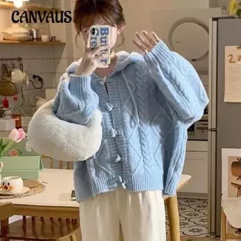 Осенне-зимний женский свитер, нежный мягкий свитер с капюшоном, женский свободный вязаный кардиган на пуговицах с ленивым ветром и бычьим рогом One Size синий