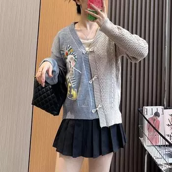 Осенне-зимний женский свитер, нежный свободный вязаный кардиган с v-образным вырезом и v-образным вырезом, свитер в стиле ретро с ручной вышивкой, пальто One Size красный