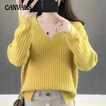 Осенне-зимний женский свитер, нижняя рубашка с v-образным вырезом, свободный вязаный свитер в полоску с длинными рукавами и ленивым ветром One Size розовый