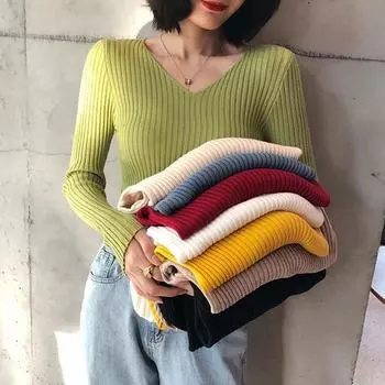 Осенне-зимний женский свитер, однотонный, повседневный, с длинным рукавом, трикотажный джемпер, женский, облегающий, с V-образным вырезом, женский, базовый, вязаный свитер, одежда 31040 One Size чёрный