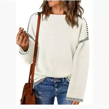 Осенне-зимний женский свитер однотонный с круглым вырезом свободный с длинным рукавом контрастного цвета вязаный пуловер свитер топ XXL