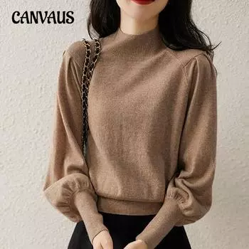 Осенне-зимний женский свитер, однотонный, с высоким воротником и длинными рукавами, удобный повседневный трикотаж с укороченными рукавами One Size бежевый