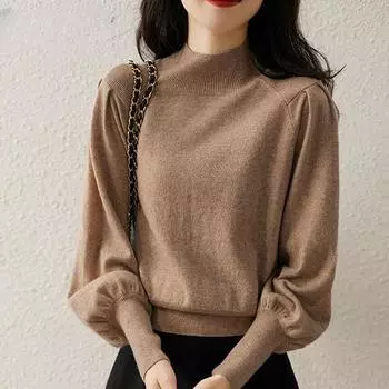 Осенне-зимний женский свитер, однотонный, с высоким воротником и длинными рукавами, удобный повседневный трикотаж с укороченными рукавами One Size бежевый