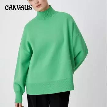 Осенне-зимний женский свитер, однотонный свободный свитер с длинным рукавом и половиной высокой горловины S зелёный