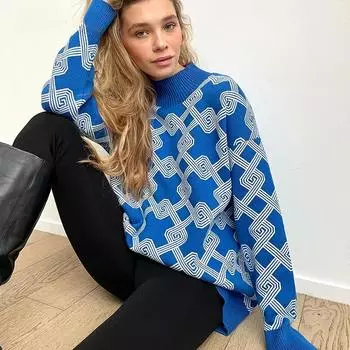 Осенне-зимний женский свитер, однотонный свободный вязаный свитер с высоким воротом, удобный повседневный свитер с длинными рукавами S синий