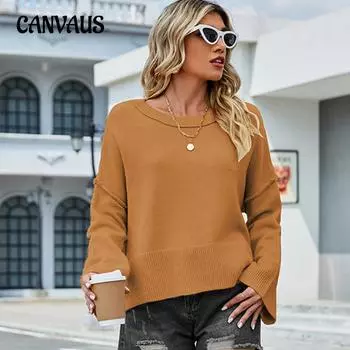 Осенне-зимний женский свитер, однотонный вязаный свободный пуловер с круглым вырезом и расклешенными рукавами, свитер S тёмно-синий