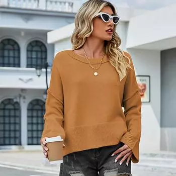 Осенне-зимний женский свитер, однотонный вязаный свободный пуловер с круглым вырезом и расклешенными рукавами, свитер S тёмно-синий