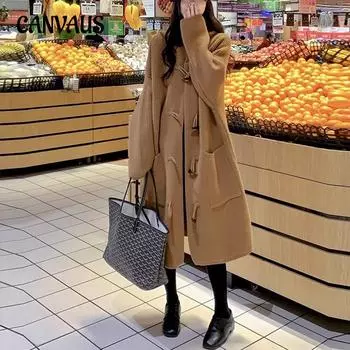 Осенне-зимний женский свитер, пальто, вязаный кардиган с пуговицами из бычьего рога, свободный кардиган средней длины с капюшоном, большая версия ленивого свитера, пальто One Size серый