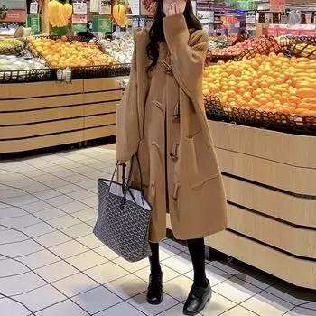 Осенне-зимний женский свитер, пальто, вязаный кардиган с пуговицами из бычьего рога, свободный кардиган средней длины с капюшоном, большая версия ленивого свитера, пальто One Size серый