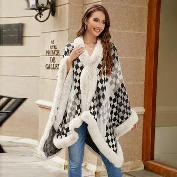 Осенне-зимний женский свитер, плащ с меховым воротником, шаль, женский утепленный теплый женский топ в клетку F абрикосовый