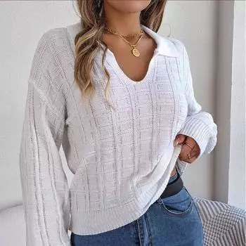 Осенне-зимний женский свитер-поло с длинным рукавом, однотонный, в полоску, свободный, офисный, женский, модный, повседневный, вязаный свитер L белый