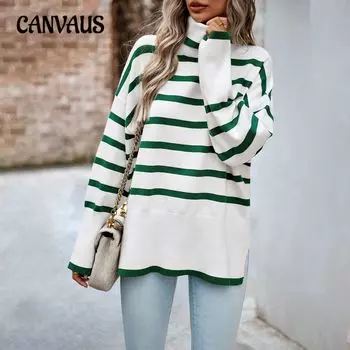 Осенне-зимний женский свитер, полосатый свитер с высоким воротом, темпераментный элегантный свободный вязаный топ с длинными рукавами