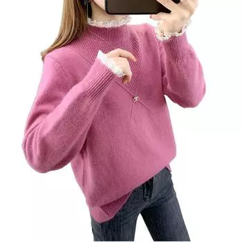 Осенне-зимний женский свитер, полуводолазка, женская свободная внутренняя кружевная трикотажная нижняя рубашка One Size синий