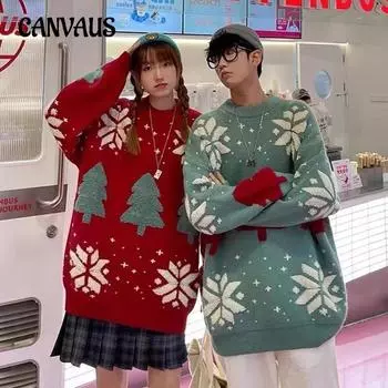 Осенне-зимний женский свитер, повседневный свитер для пары со снежинками, свободная теплая вязаная куртка для ленивого ветра S красный