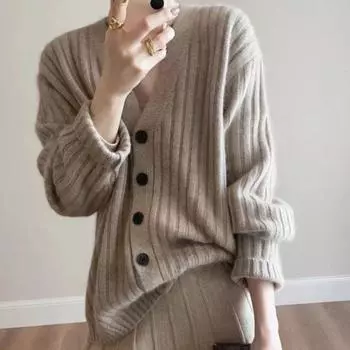 Осенне-зимний женский свитер, простой повседневный вязаный кардиган с v-образным вырезом, женский свободный ленивый ветровой свитер One Size красный