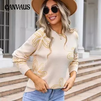 Осенне-зимний женский свитер-пуловер с цветочным принтом, длинный рукав, круглый вырез, трикотаж S белый