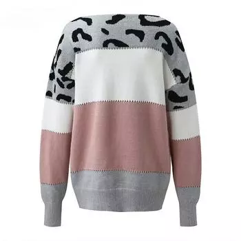 Осенне-зимний женский свитер, пуловер с леопардовым принтом, свитер с одним лацканом и цветными блоками, вязаный свитер снизу S розовый