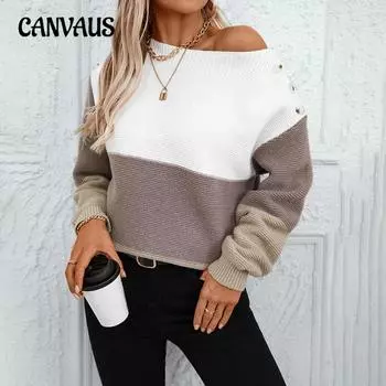 Осенне-зимний женский свитер-пуловер, свободный свитер с одним вырезом на плече и пряжкой, сращивание, свитер Collision S фиолетовый