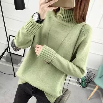 Осенне-зимний женский свитер, рубашка с длинным рукавом, свободный свежий пуловер с высоким воротом, вязаный свитер One Size розовый