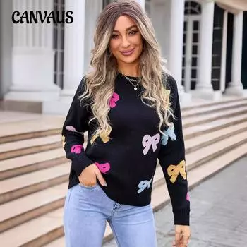 Осенне-зимний женский свитер с бантом, круглый вырез, длинный рукав, вязаный свитер S белый