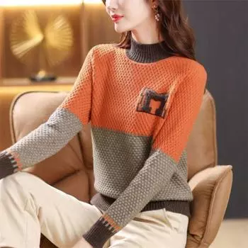 Осенне-зимний женский свитер с цветными блоками, теплый толстый полуводолазный свитер жаккардовой вязки, тонкий вязаный джемпер с длинными рукавами S красный