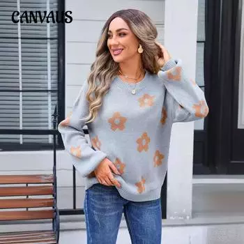Осенне-зимний женский свитер с цветочным принтом, длинным рукавом и круглым вырезом S белый