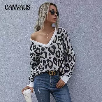 Осенне-зимний женский свитер с длинным рукавом и v-образным вырезом с леопардовым принтом, вязаный свитер с внутренней нижней частью S чёрный