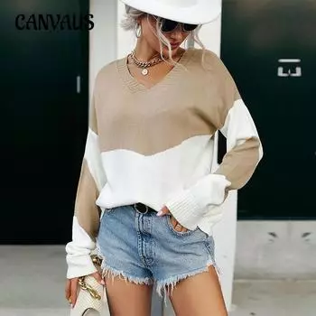 Осенне-зимний женский свитер с длинным рукавом и v-образным вырезом, свитер с цветными блоками, модный вязаный топ S хаки