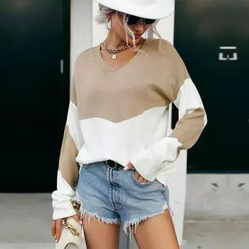 Осенне-зимний женский свитер с длинным рукавом и v-образным вырезом, свитер с цветными блоками, модный вязаный топ S хаки