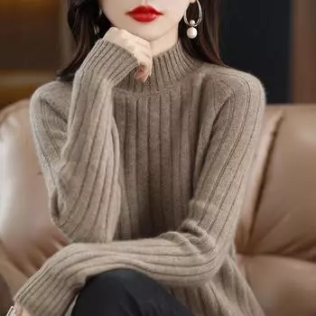 Осенне-зимний женский свитер с длинным рукавом, новый утолщенный повседневный свитер с полуворотником, короткий вязаный женский свитер, низ, верх 1978 г. One Size чёрный