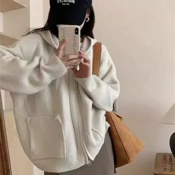 Осенне-зимний женский свитер с капюшоном и карманами, новый мягкий, вощеный, свободный, ленивый, ветер, вязаный кардиган, повседневный свитер, куртка One size