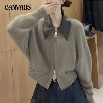 Осенне-зимний женский свитер с кожаным воротником, воротник-поло, вязаный кардиган, ленивая ветровка на молнии One Size чёрный