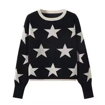 Осенне-зимний женский свитер с круглым вырезом и звездами, пуловер, вязаные свитера C-288 One Size чёрный
