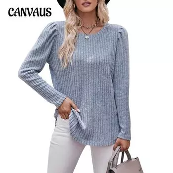 Осенне-зимний женский свитер с круглым вырезом и объемными рукавами, однотонный топ в полоску с длинными рукавами S темно-серого