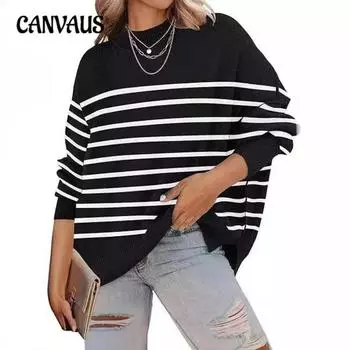 Осенне-зимний женский свитер с круглым вырезом больших размеров, свободный свитер в полоску S белый