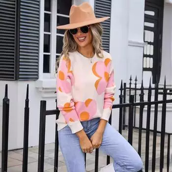 Осенне-зимний женский свитер с круглым вырезом и большим цветком с принтом S белый