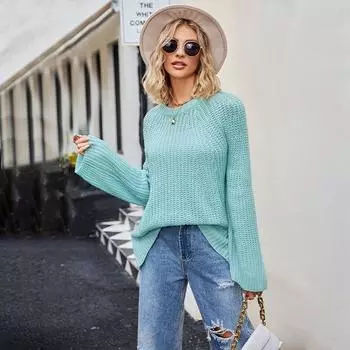 Осенне-зимний женский свитер с круглым вырезом, модный трикотаж большого размера, свободный пуловер, свитер S синий