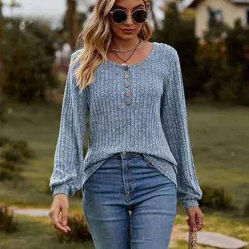 Осенне-зимний женский свитер с круглым вырезом в полоску, однотонный топ с длинными рукавами и пуговицами в стиле пэчворк S бордовый