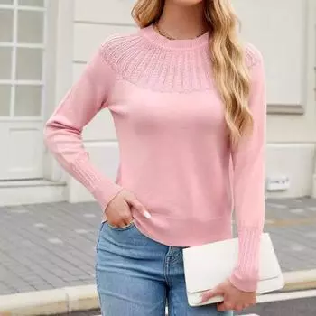 Осенне-зимний женский свитер с круглым вырезом и длинными рукавами, однотонный, с вставками S розовый